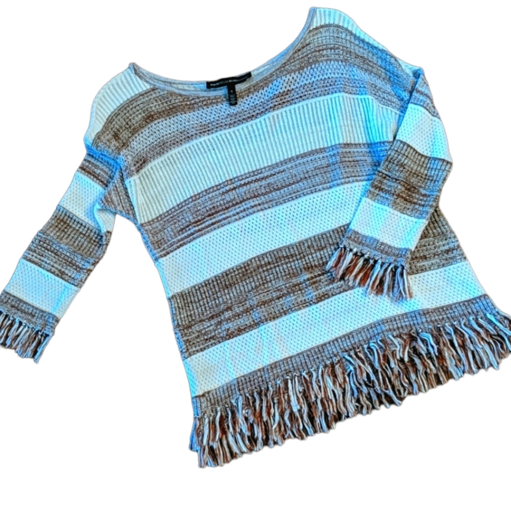 White House Black Market, neutral color fringed sweater S